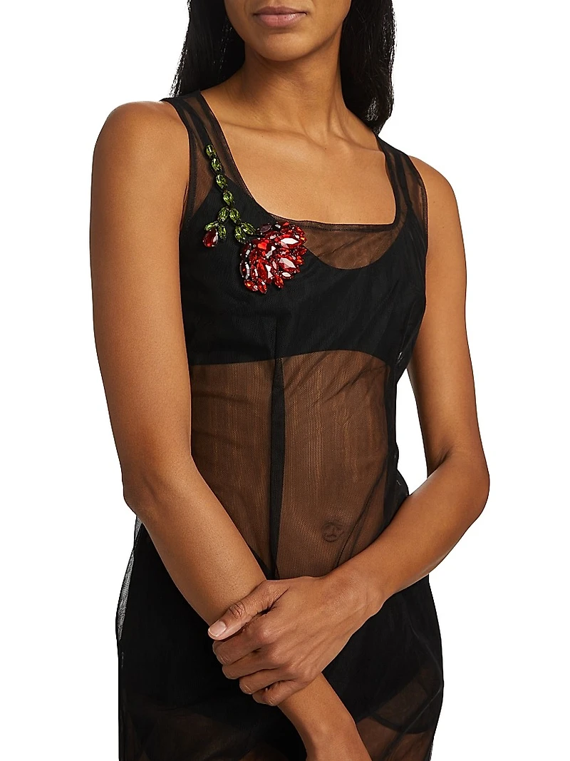 Embellished Sheer Tulle Midi-Dress