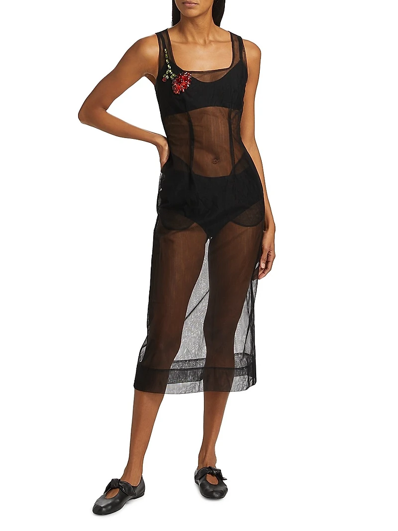 Embellished Sheer Tulle Midi-Dress
