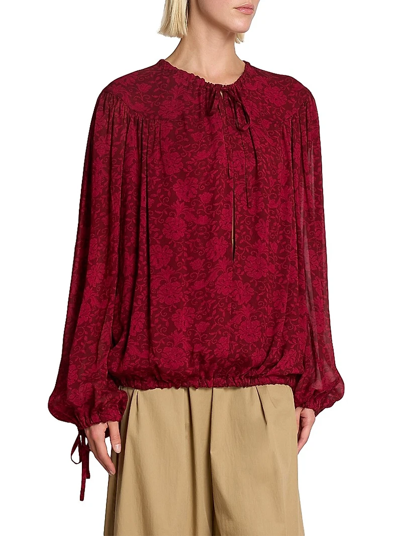 Floral Tieneck Elasticized-Hem Blouse