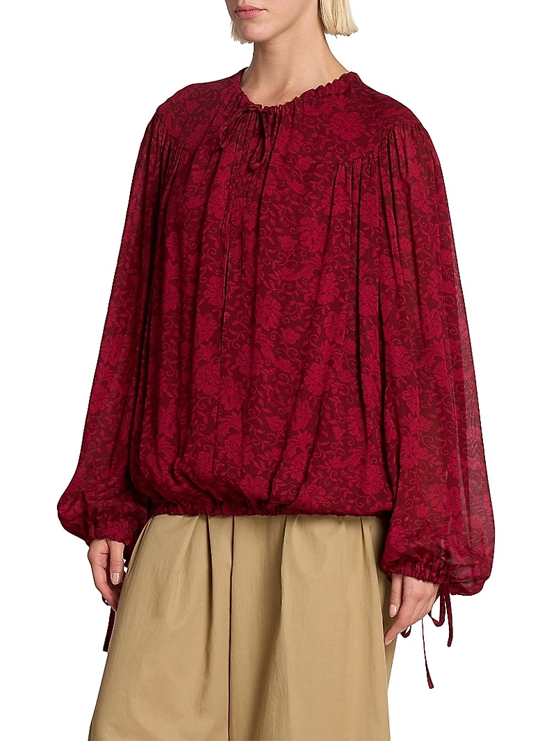 Floral Tieneck Elasticized-Hem Blouse