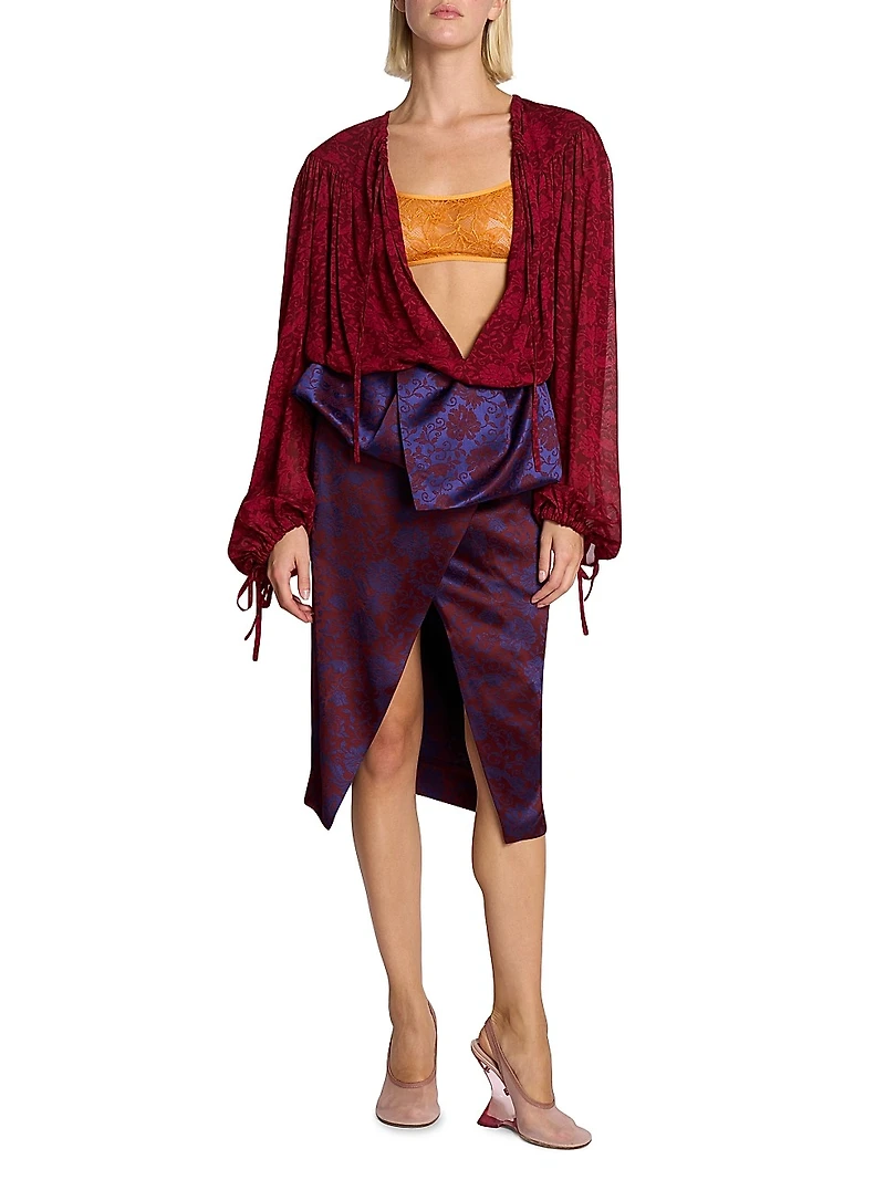 Floral Tieneck Elasticized-Hem Blouse