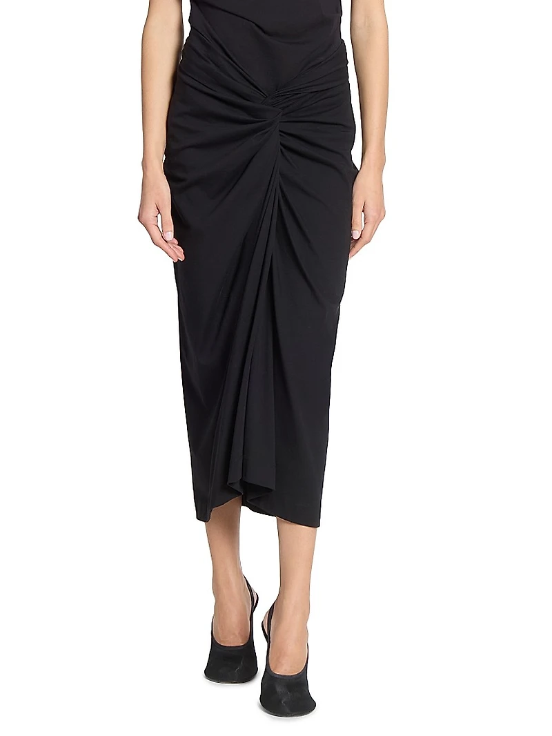Cotton Twist-Front Draped Midi-Skirt