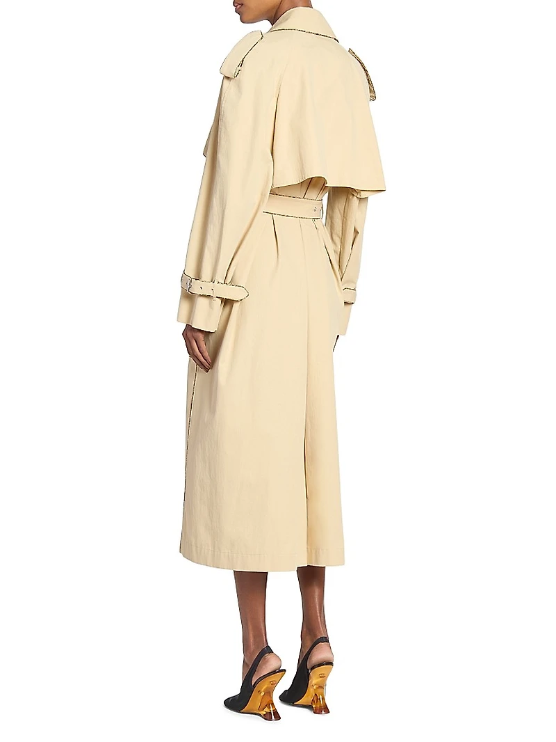 Cotton Snakeskin-Print-Trim Trench Coat
