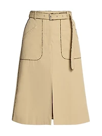 Snakeskin-Print Piped Cotton Slit-Front Knee-Length Skirt