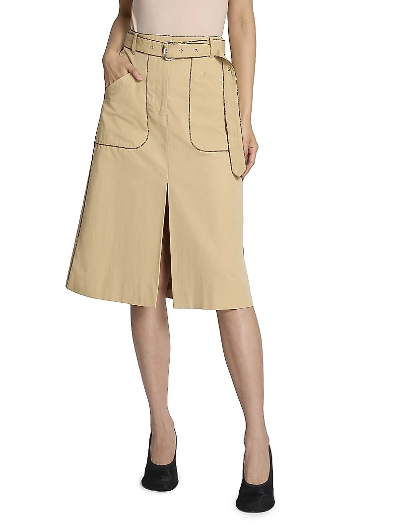 Snakeskin-Print Piped Cotton Slit-Front Knee-Length Skirt