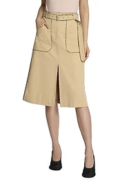 Snakeskin-Print Piped Cotton Slit-Front Knee-Length Skirt