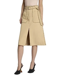 Snakeskin-Print Piped Cotton Slit-Front Knee-Length Skirt