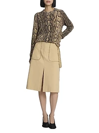 Snakeskin-Print Piped Cotton Slit-Front Knee-Length Skirt