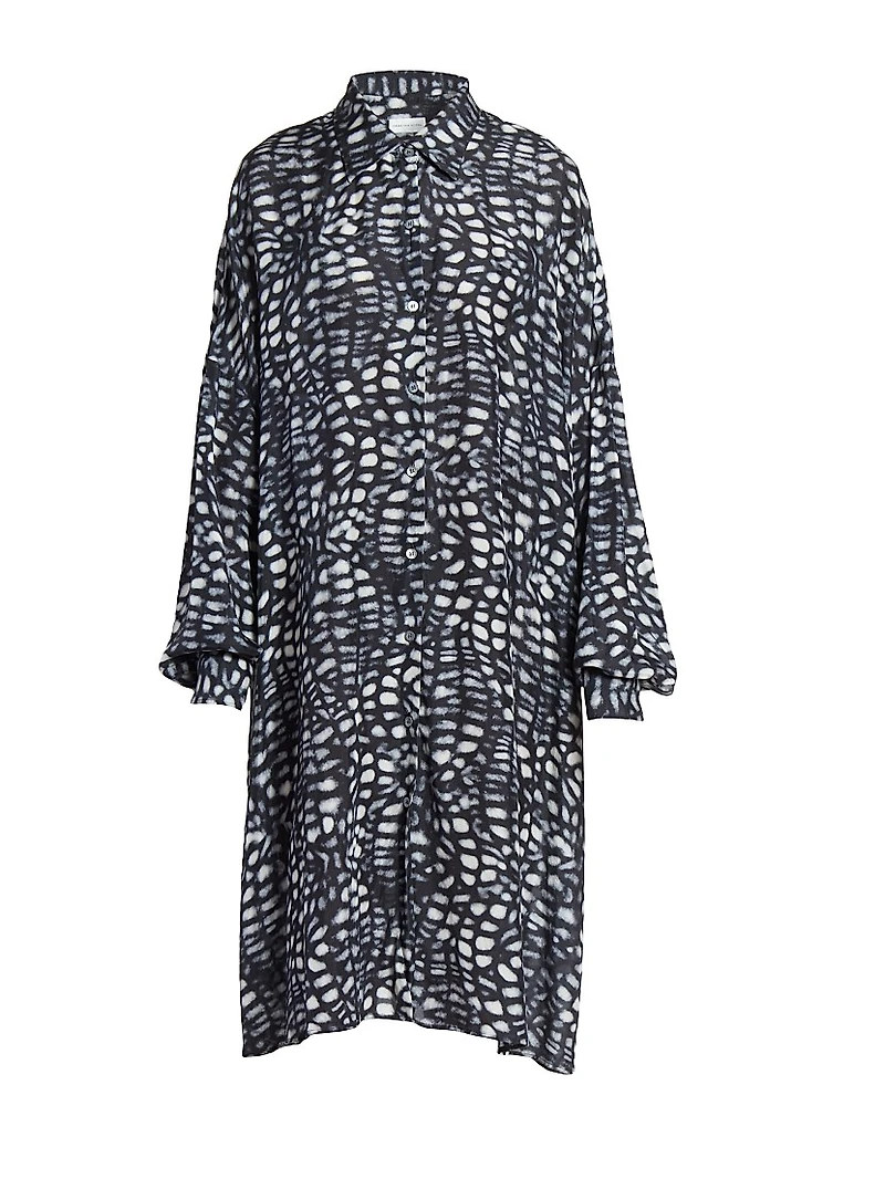 Abstract Print Silk Button-Front Knee-Length Shirtdress