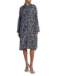 Abstract Print Silk Button-Front Knee-Length Shirtdress