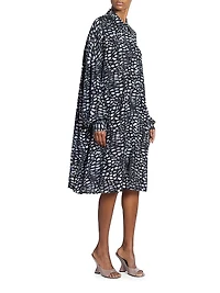 Abstract Print Silk Button-Front Knee-Length Shirtdress