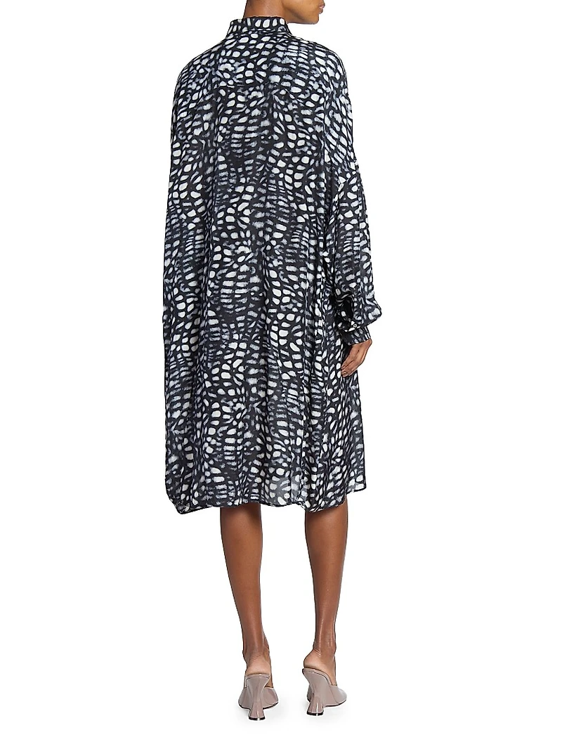 Abstract Print Silk Button-Front Knee-Length Shirtdress