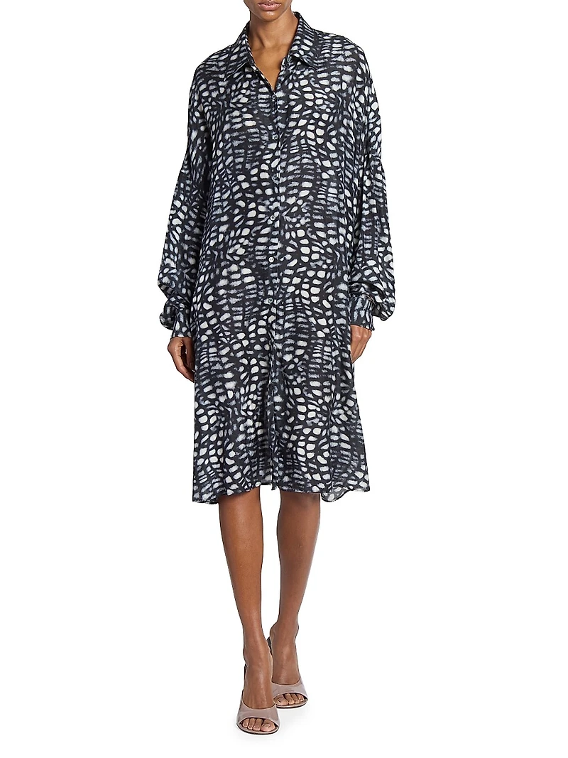 Abstract Print Silk Button-Front Knee-Length Shirtdress