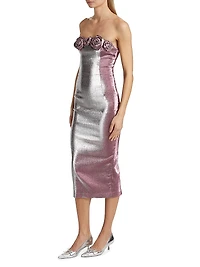 Stretch-Lamé Rosette Midi-Dress
