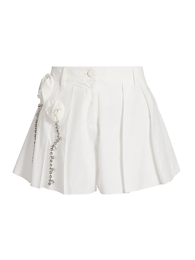 Crystal Rosette Pleated Cotton Poplin Skort