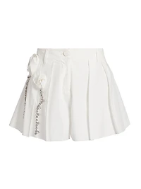 Crystal Rosette Pleated Cotton Poplin Skort