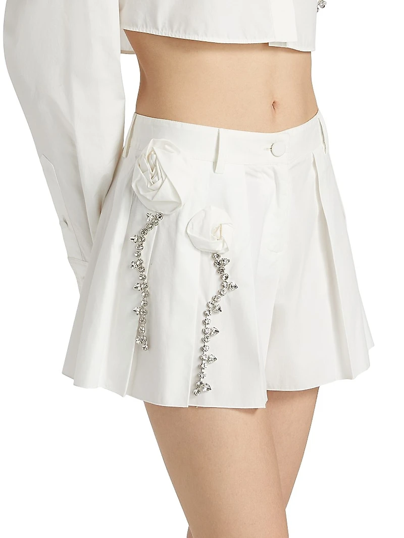 Crystal Rosette Pleated Cotton Poplin Skort