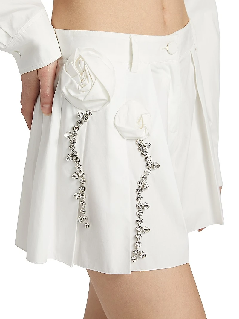 Crystal Rosette Pleated Cotton Poplin Skort