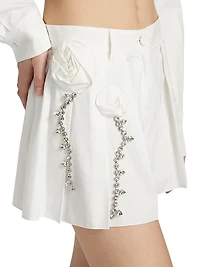 Crystal Rosette Pleated Cotton Poplin Skort