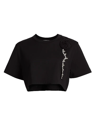 Crystal Rosette Stretch-Cotton Crop T-Shirt