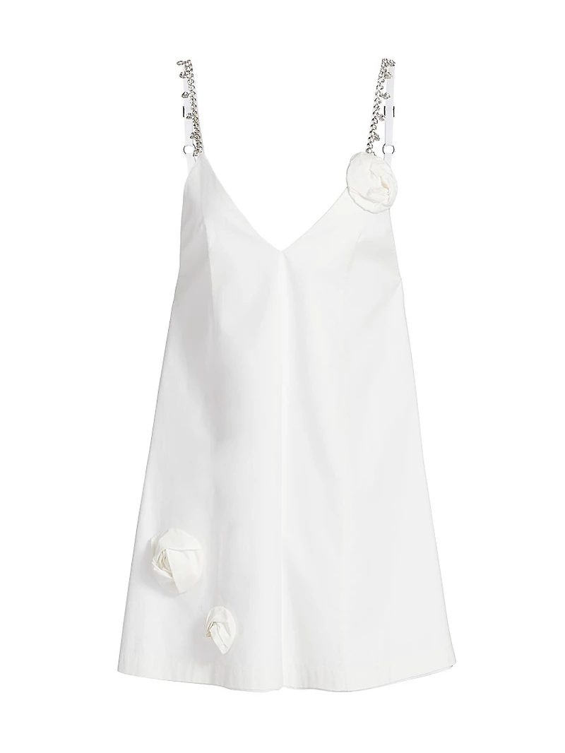 Crystal Rosette Cotton Poplin V-Neck Minidress