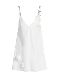 Crystal Rosette Cotton Poplin V-Neck Minidress
