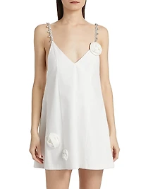 Crystal Rosette Cotton Poplin V-Neck Minidress