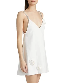 Crystal Rosette Cotton Poplin V-Neck Minidress