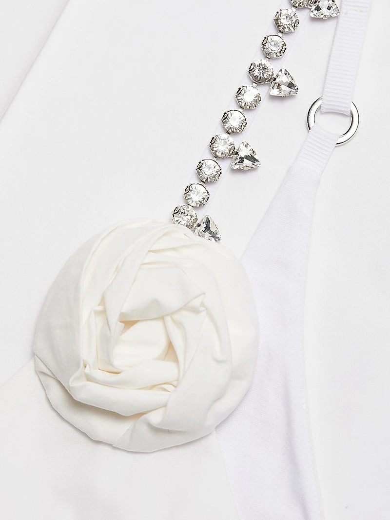 Crystal Rosette Cotton Poplin V-Neck Minidress