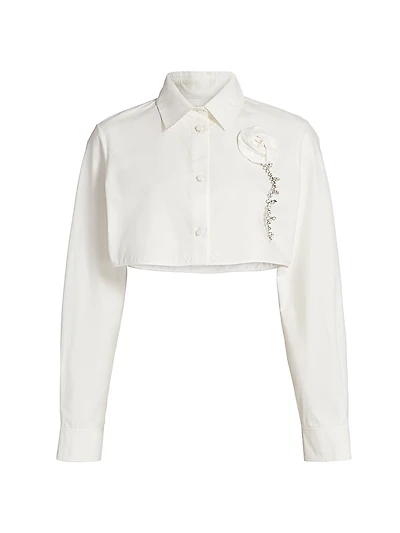 Crystal Rosette Cotton Poplin Crop Shirt