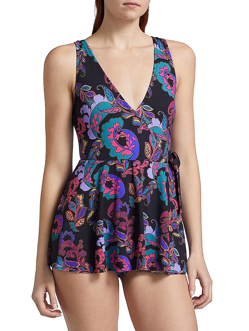 Fatima Paisley Wrap Tie-Waist Swimdress