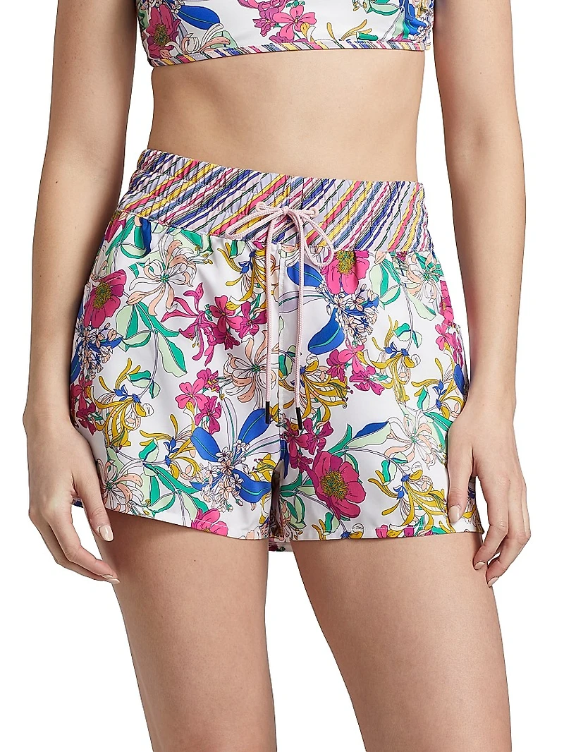 Floral & Striped High-Waisted Board Shorts