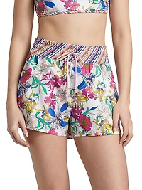 Floral & Striped High-Waisted Board Shorts
