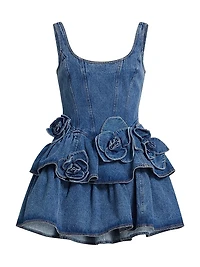 Devyn Saxe Tiered Rosette-Detailed Denim Minidress