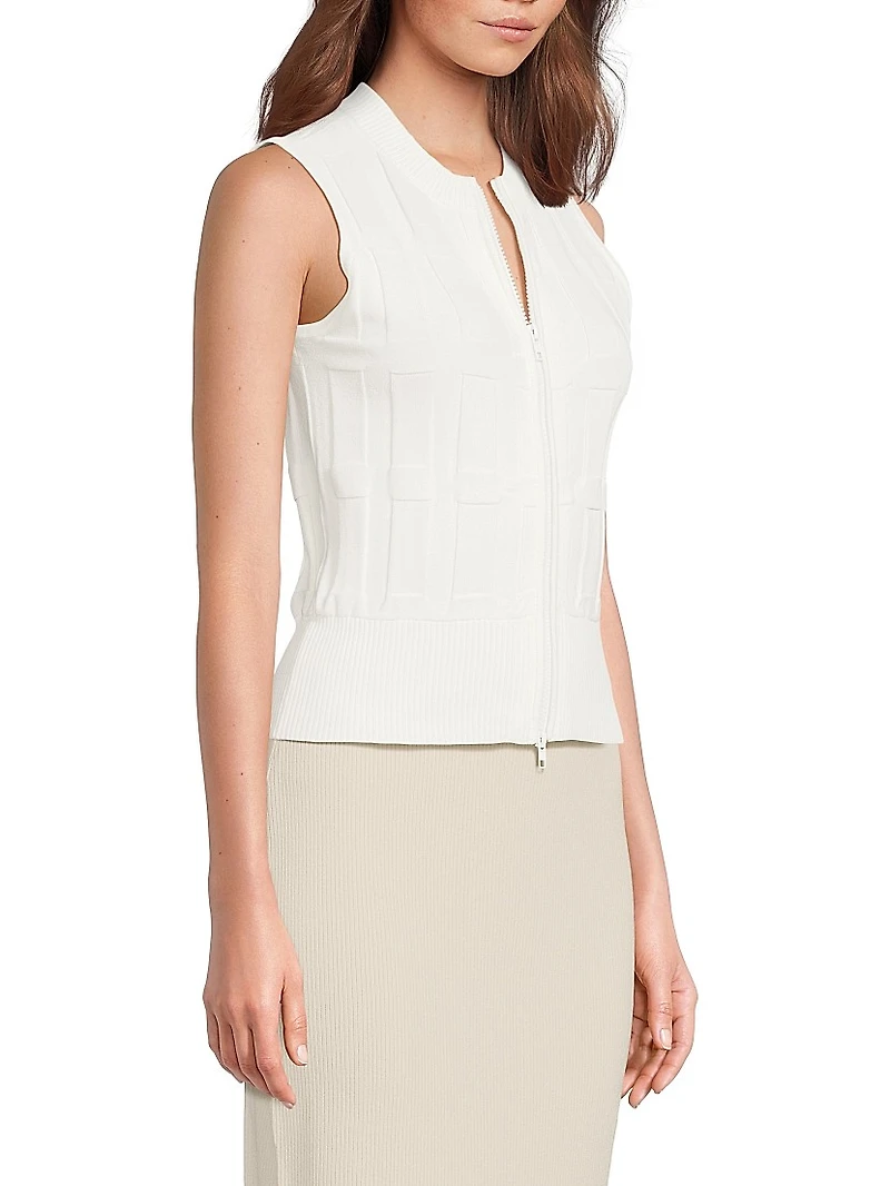 The Sax Embossed Sleeveless Front-Zip Sweater