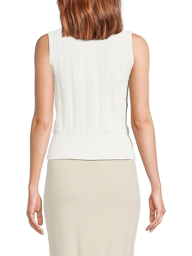 The Sax Embossed Sleeveless Front-Zip Sweater