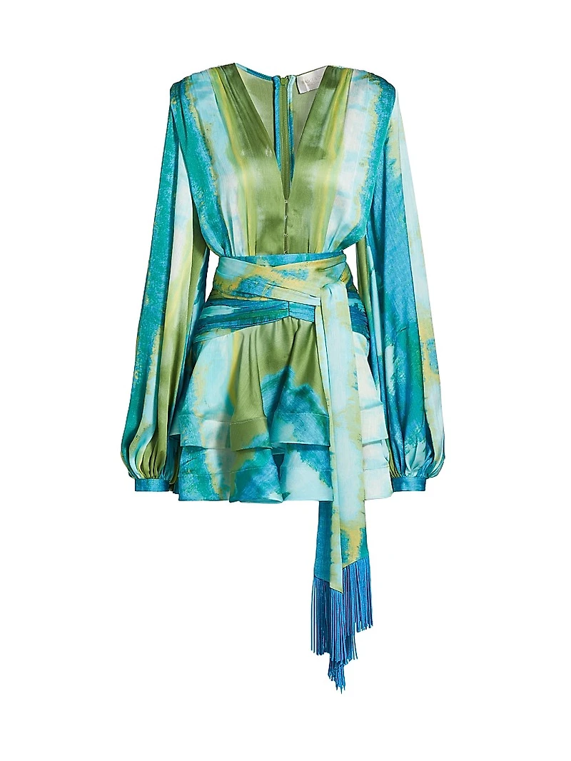 Bedouin Coastal Abstract Silk-Blend Tie-Waist Minidress