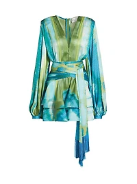 Bedouin Coastal Abstract Silk-Blend Tie-Waist Minidress
