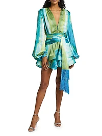 Bedouin Coastal Abstract Silk-Blend Tie-Waist Minidress