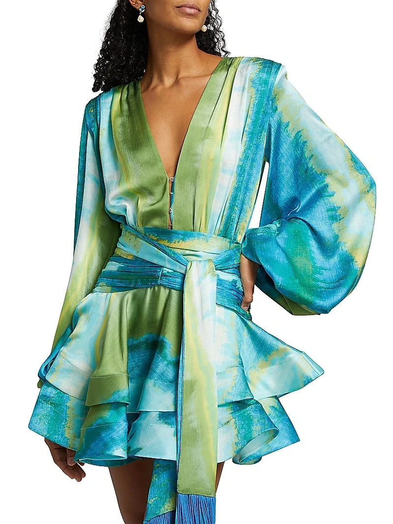 Bedouin Coastal Abstract Silk-Blend Tie-Waist Minidress