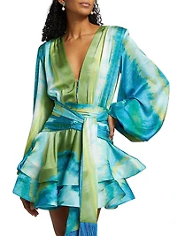 Bedouin Coastal Abstract Silk-Blend Tie-Waist Minidress