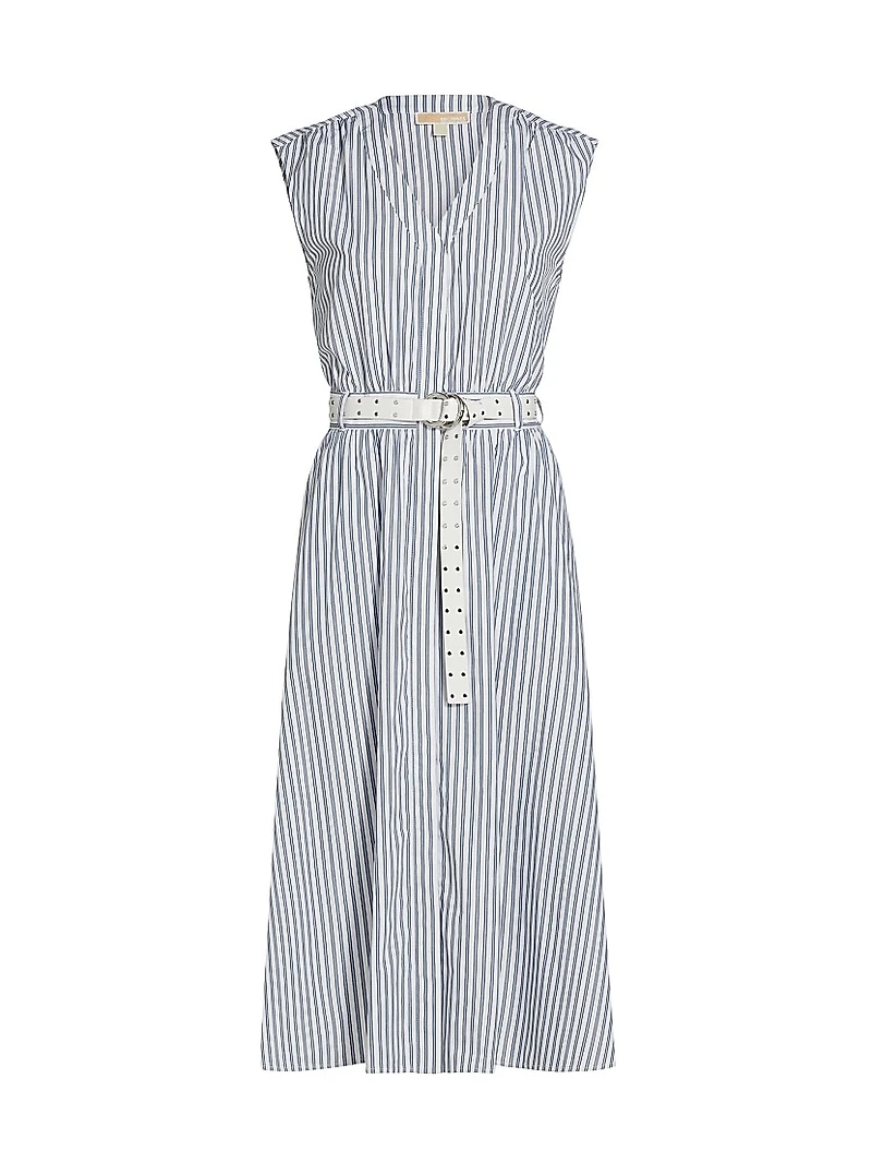 Belted Striped Cotton Midi-Dress