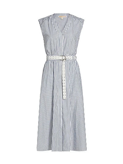 Belted Striped Cotton Midi-Dress