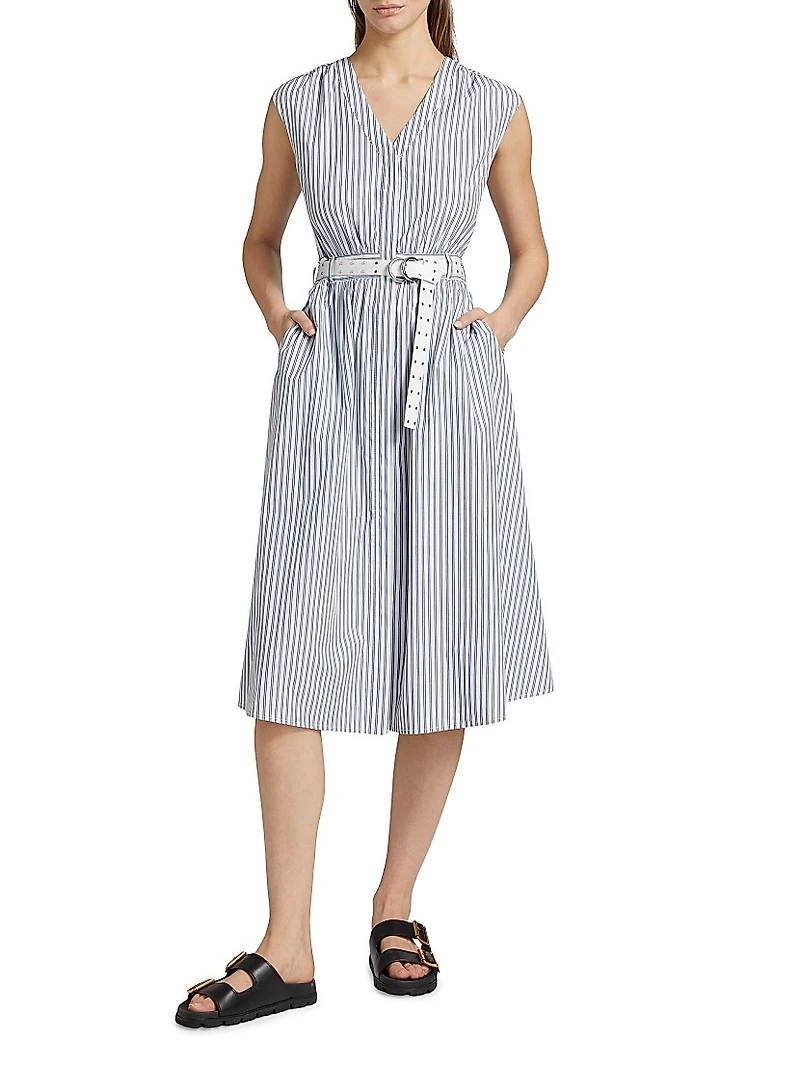 Belted Striped Cotton Midi-Dress