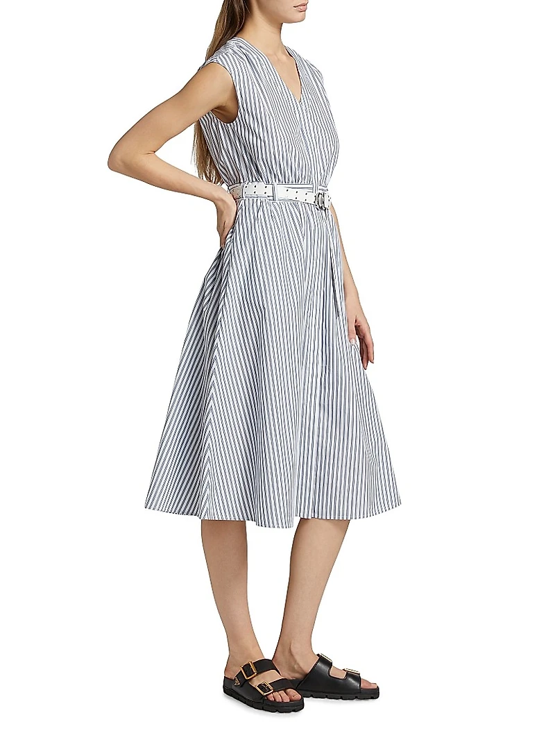 Belted Striped Cotton Midi-Dress