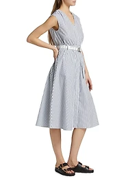 Belted Striped Cotton Midi-Dress