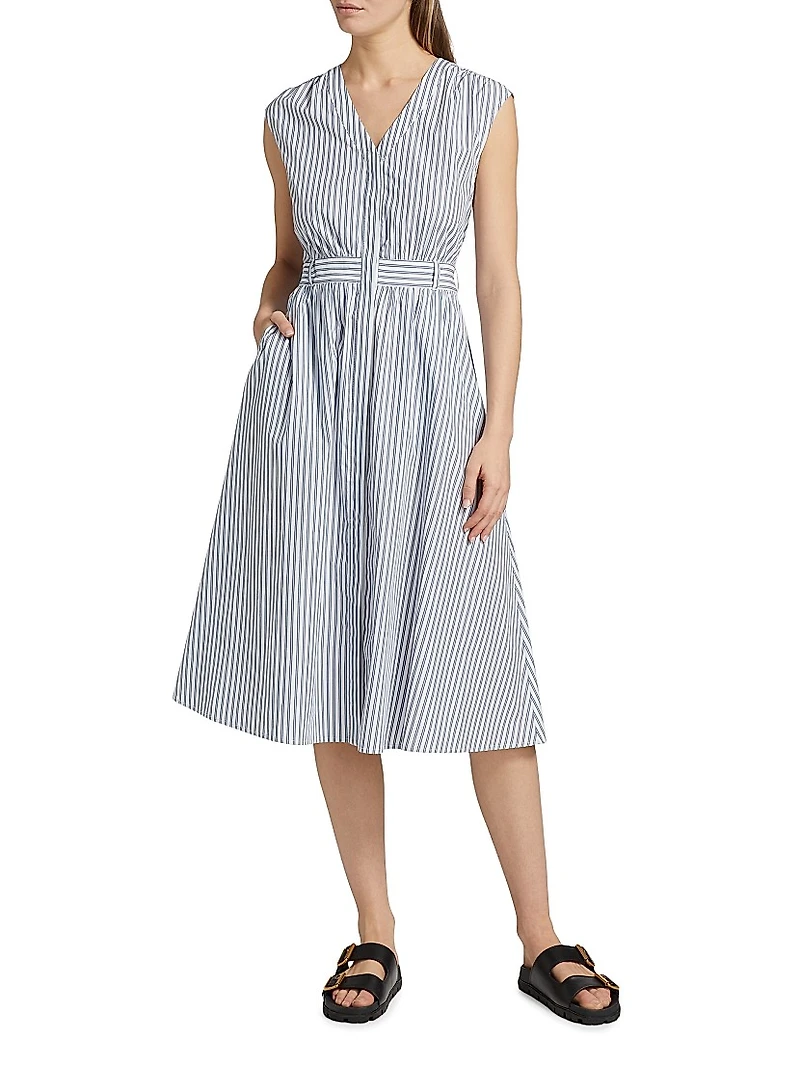 Belted Striped Cotton Midi-Dress