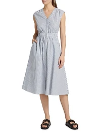 Belted Striped Cotton Midi-Dress