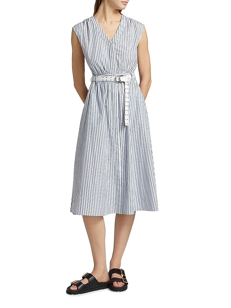 Belted Striped Cotton Midi-Dress