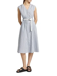 Belted Striped Cotton Midi-Dress